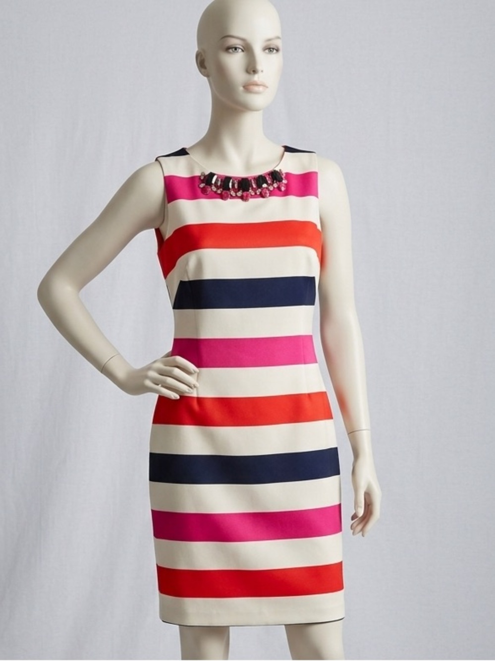 Vince Camuto Striped Jewel-Neck Sheath Dress in Cream, Pink, Red & Navy